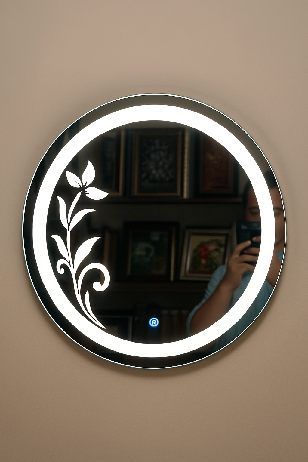 Elegant Floral Round LED Mirror – Modern Wall Décor (24x24)
